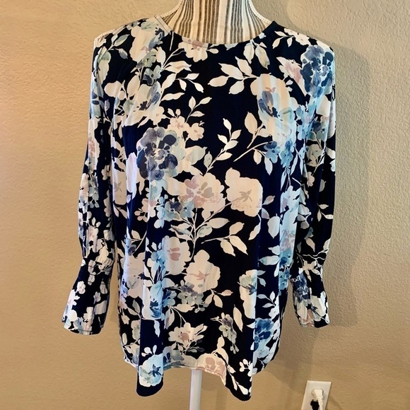 J. Jill Blouse XS Navy Blue Floral Pink Teal White Cold Shoulder Flared Smocked - Picture 1 of 16